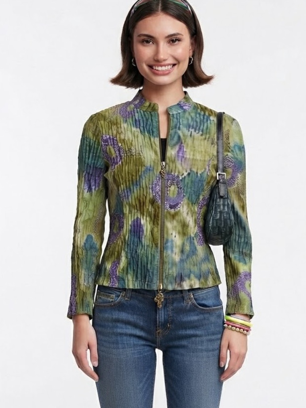 Vintage Analogy Crinkle Zip Jacket Green Blue Floral Art Print Large Y2K Boho